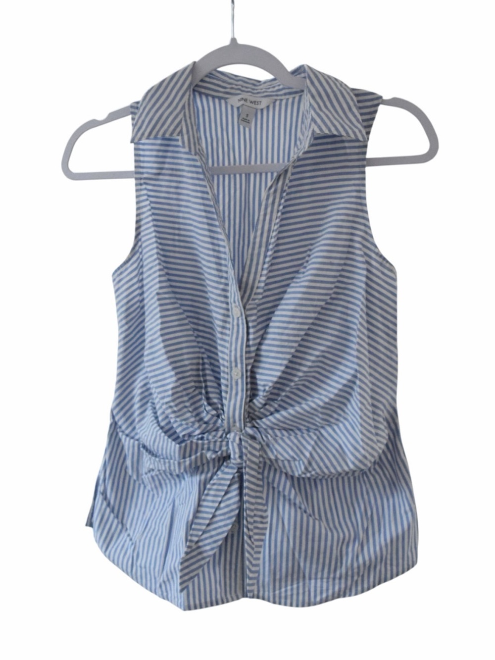 Nine West Small Sleeveless Blue Stripe Tie-Front Shirt Nautical Work Casual